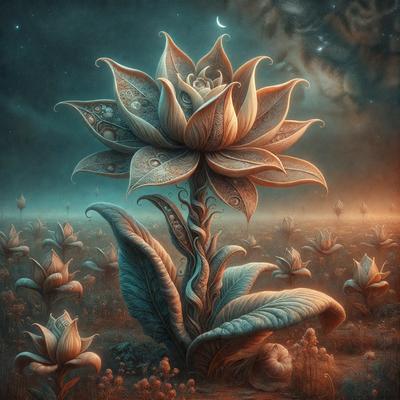 The primary subject of the image is a large, intricately designed flower, possibly a lotus, with a vibrant blue color. The flower is situated in a field of smaller flowers, creating a sense of depth and beauty. The setting appears to be a nighttime scene, with a moon visible in the background. The visual style of the image is a combination of digital art and illustration, showcasing the artist's skill in creating a realistic and captivating representation of the flower. The colors and mood of